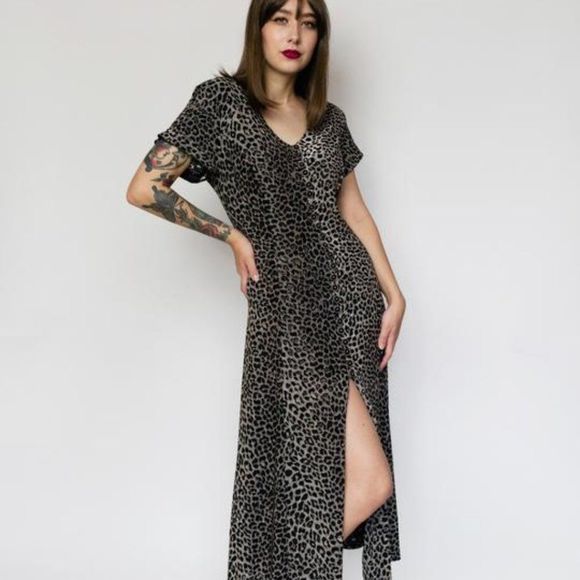 Vintage Paco Rabanne Animal Print button up cap sleeve Dress L / Adjustable size - Picture 1 of 7